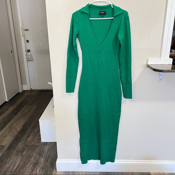 Bardot Collar Knit Long Sleeve Rib Sweater midi Dress in Bright green Size L - Picture 12 of 15